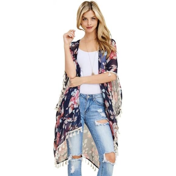 Sweaters - Navy Floral Print Fringe Open Kimono Shawl Cardigan Kaftan Poncho‎ Cover Up Vest
